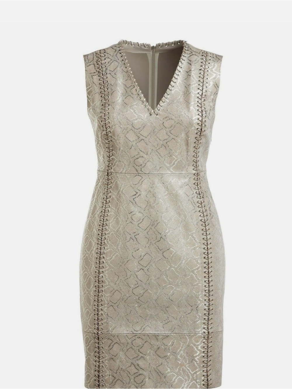 Elie Tahari: Fabulous Metallic Snake-Print V-Neck Leather Front  Dress -LIKE NEW